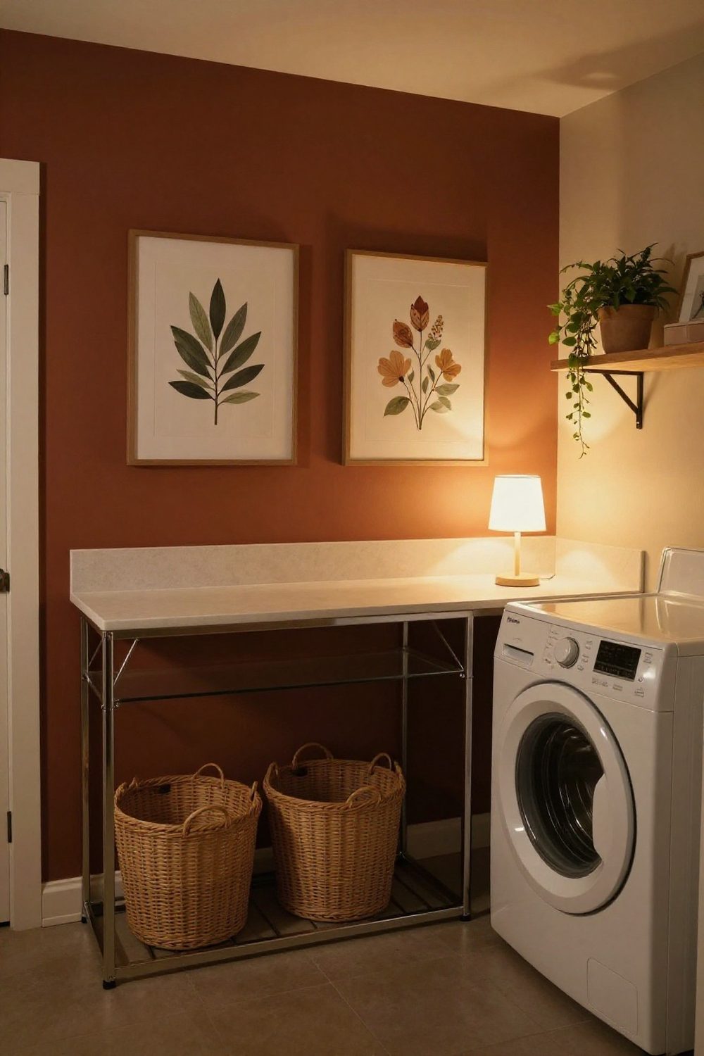 Framed vintage laundry art prints on a laundry room wall