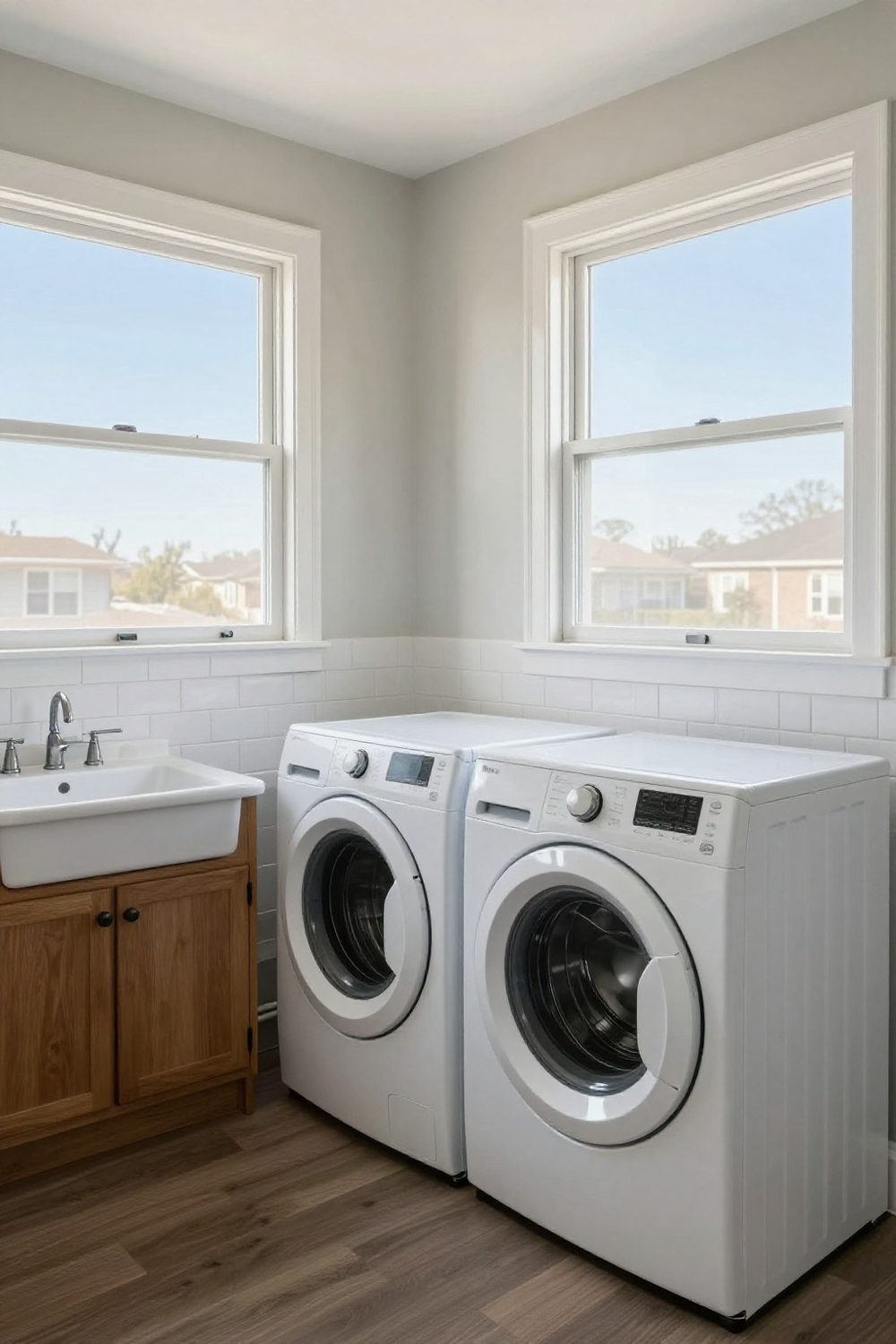 Laundry room with white subway tile backsplash behind a utility sink