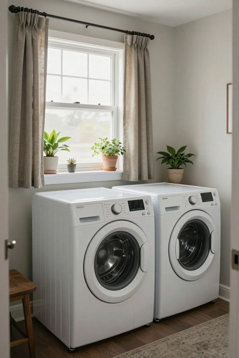 Laundry room with a window, linen cafe curtain and plants on the sill