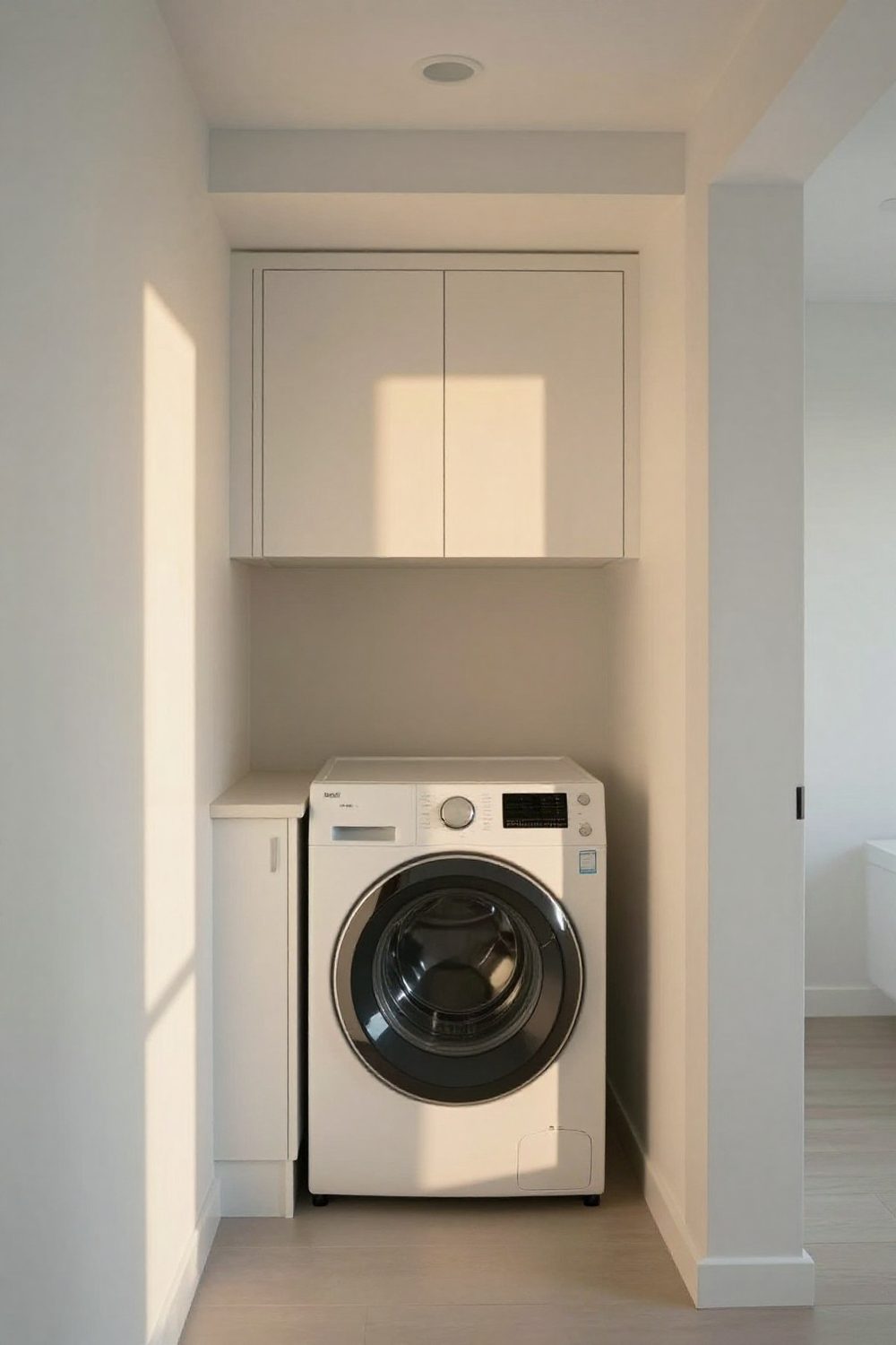 Modern minimalist laundry room with flat white cabinets and hidden storage