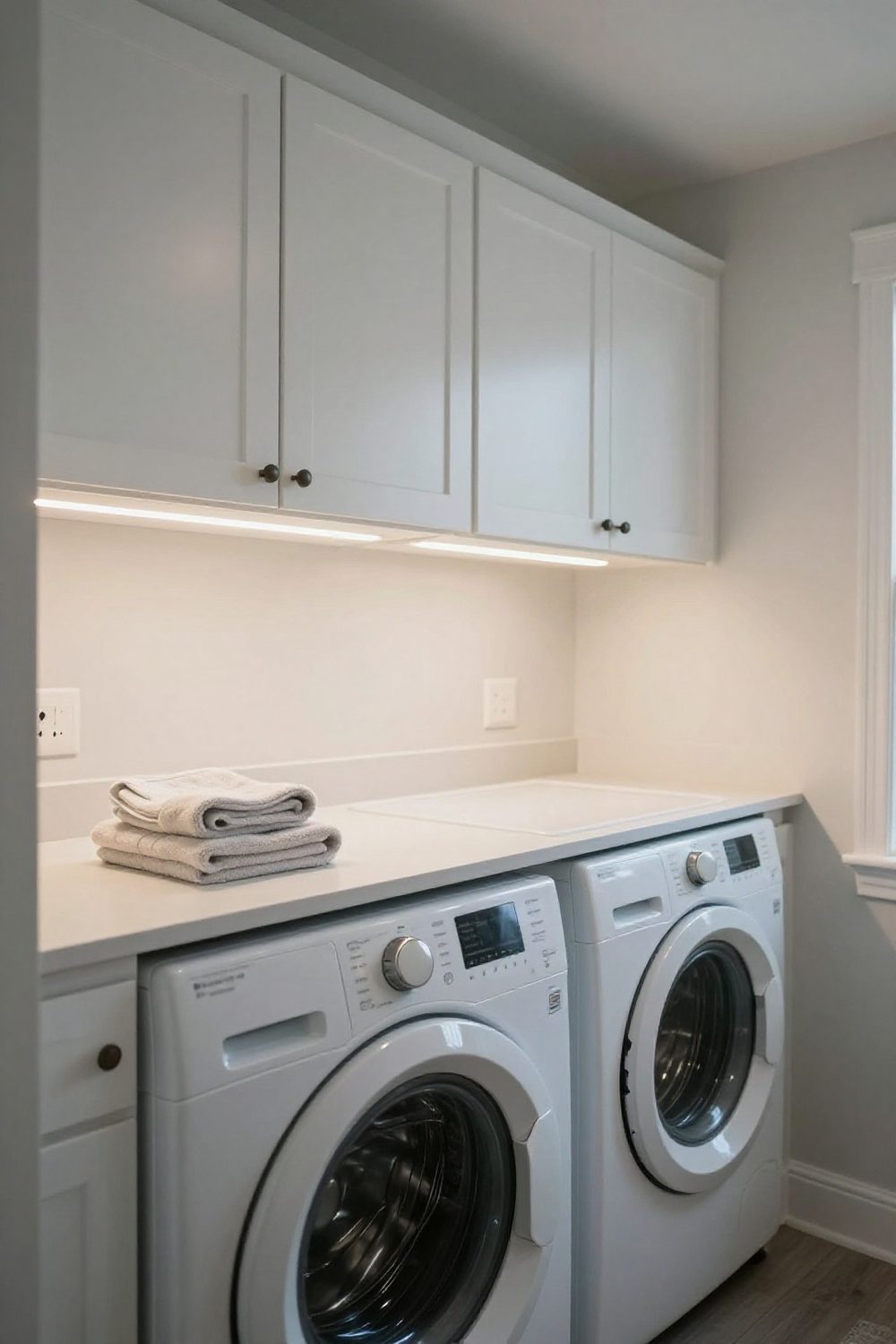 Laundry room with a bright ceiling light and under-cabinet lighting over the counter