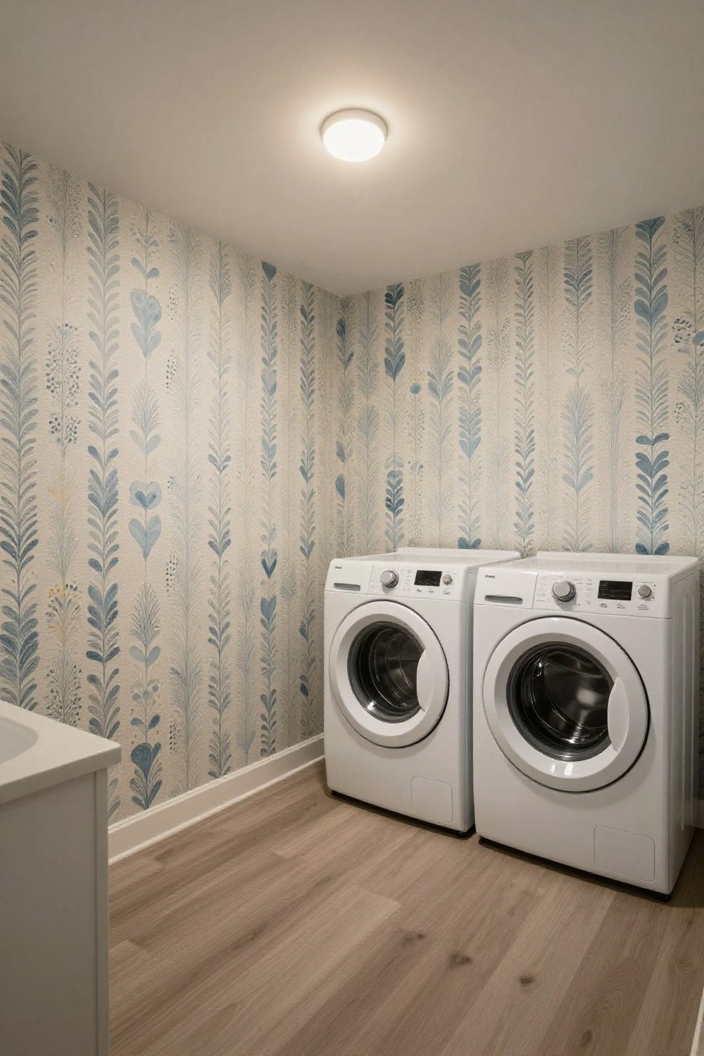 Laundry room wallpapered with a playful pattern on one wall