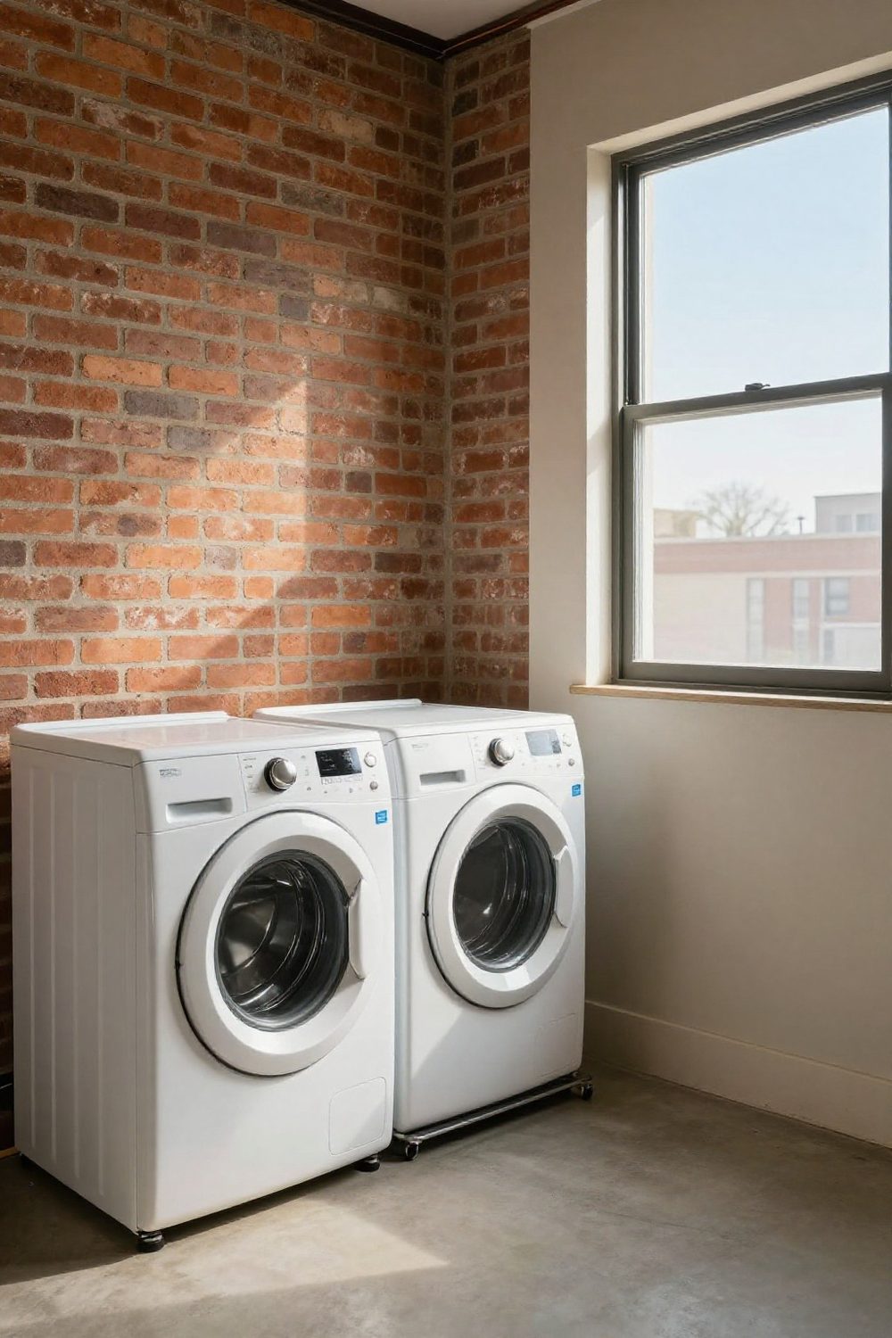 Small laundry room with a rolling cart between washer and wall