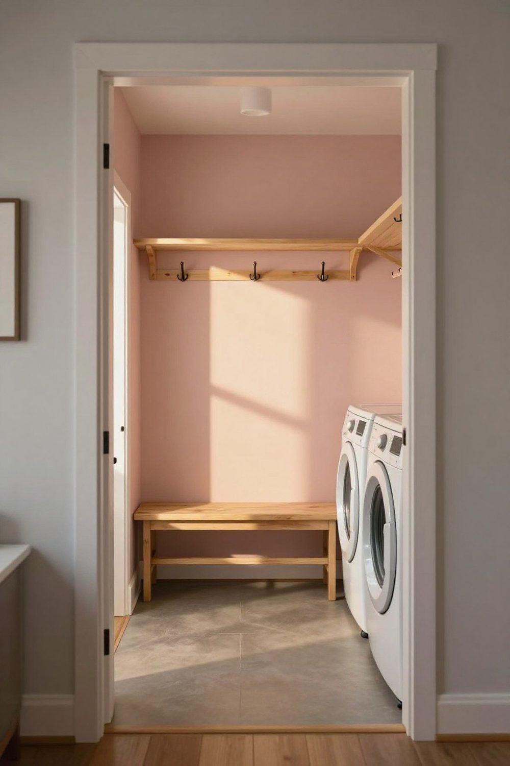 Mudroom laundry combination with hooks, bench and machines