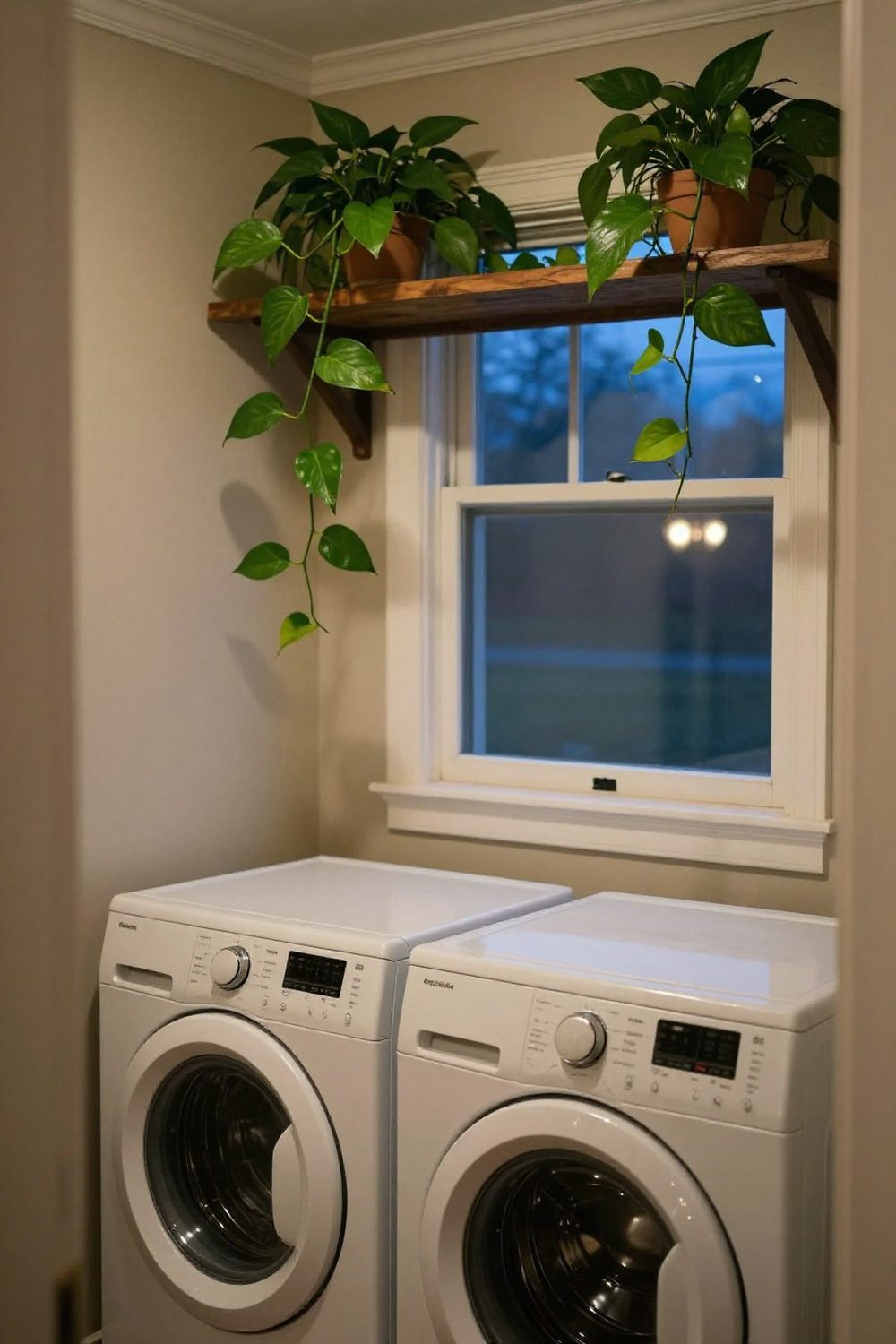 Plants on a laundry room shelf: pothos trailing down from above