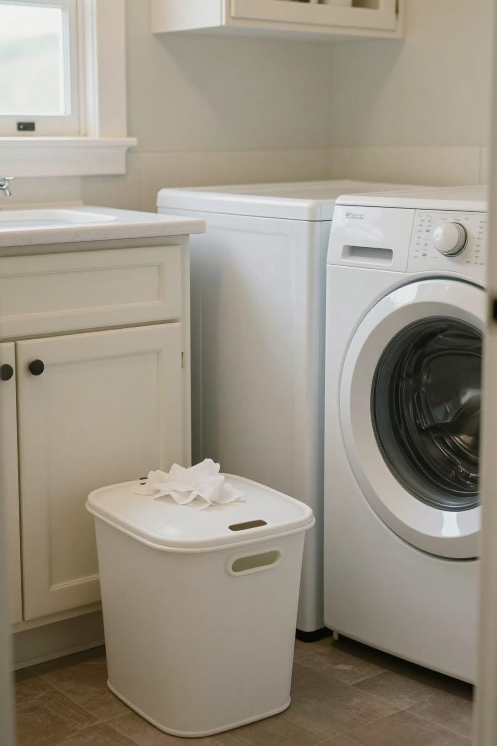 Laundry room counter with a small lidded bin for lint next to the dryer