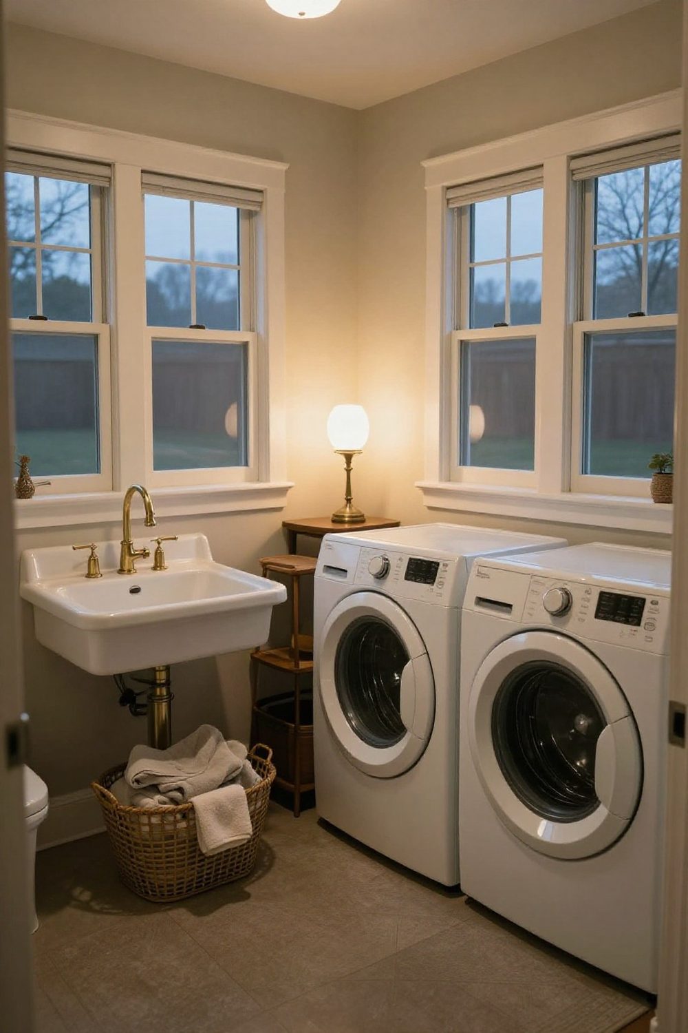 Laundry room with a utility sink, brass faucet and a basket of towels