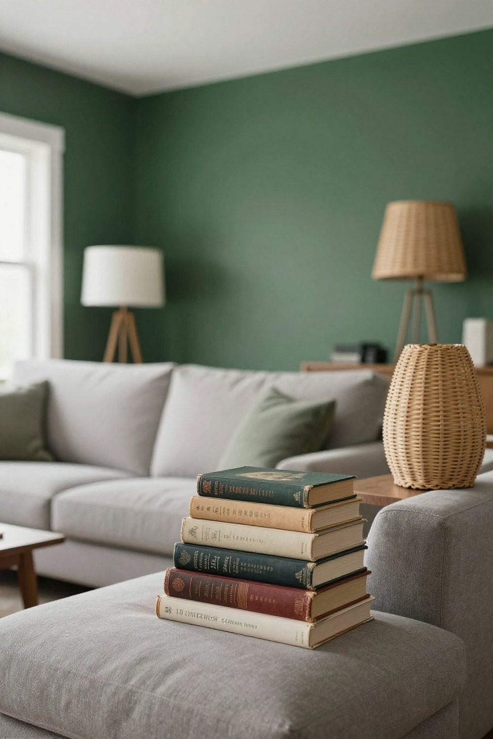 Living room with one wall freshly painted a deep green as an accent behind the sofa