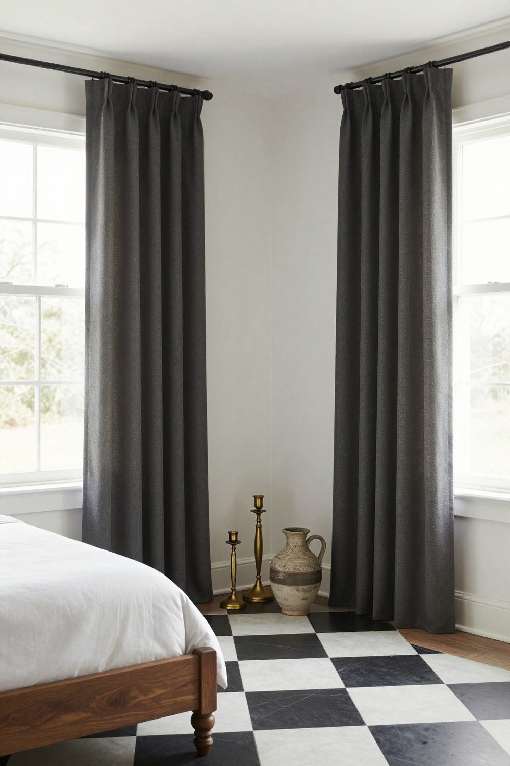 Bedroom with curtains hung high near the ceiling and wide beyond the window frame