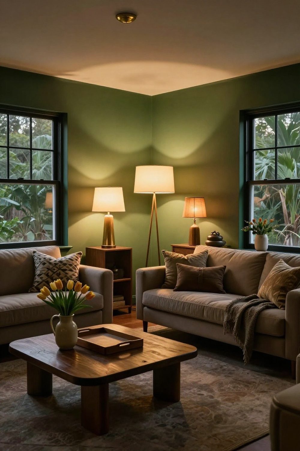 Cozy living room at evening lit by three warm table and floor lamps instead of a ceiling light