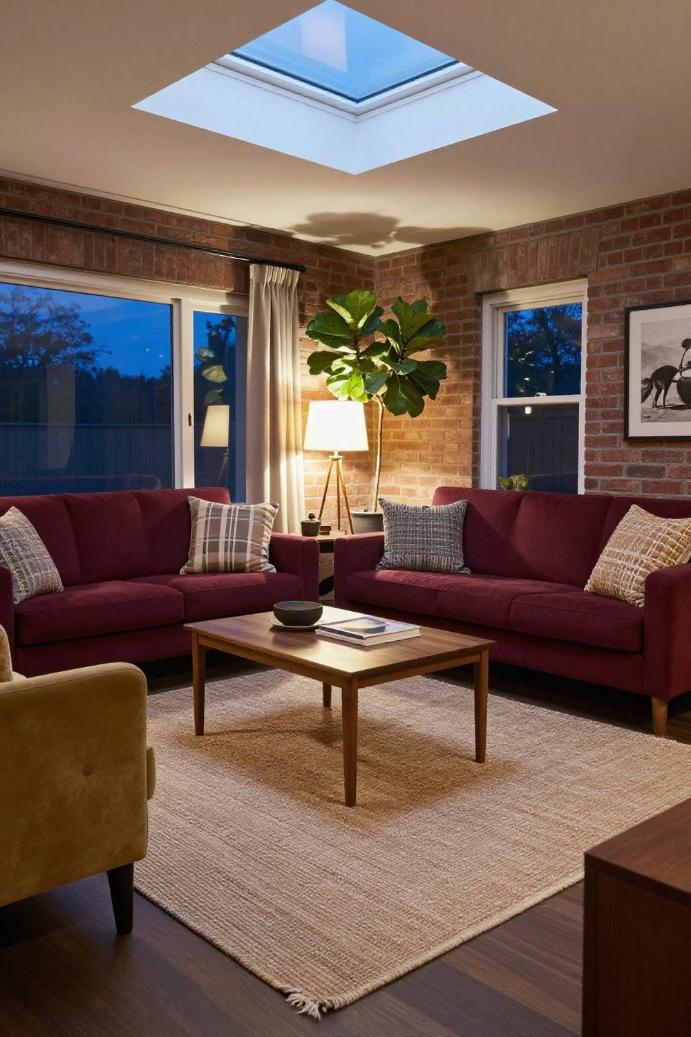 Living room with a large inexpensive jute rug under the front legs of all the furniture