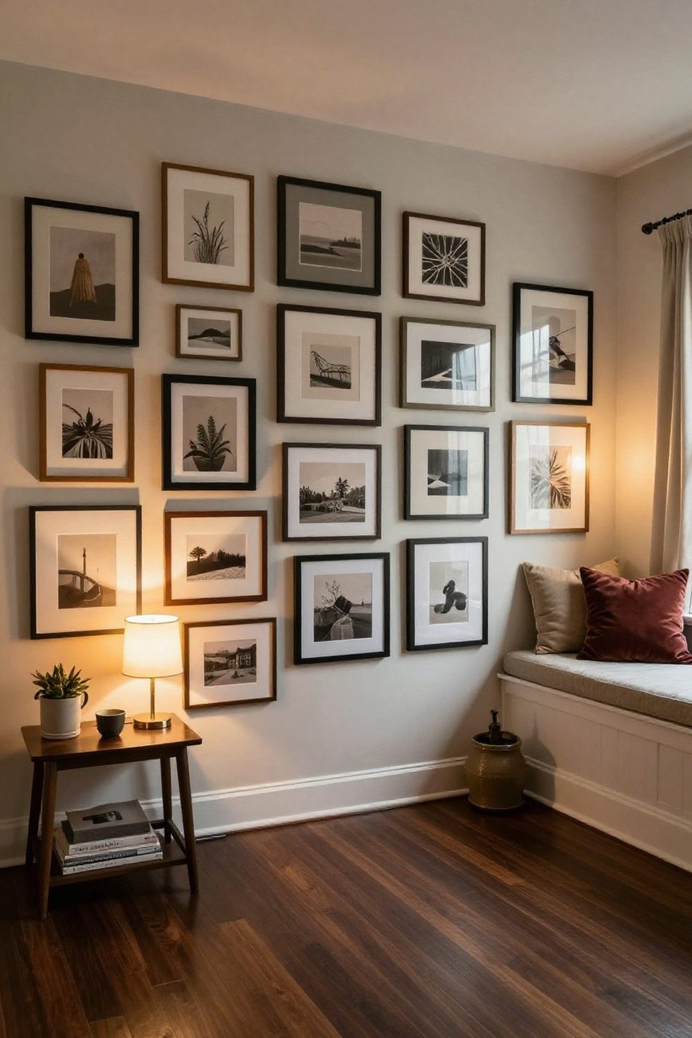 Gallery wall of thrifted frames painted in one color with simple art prints