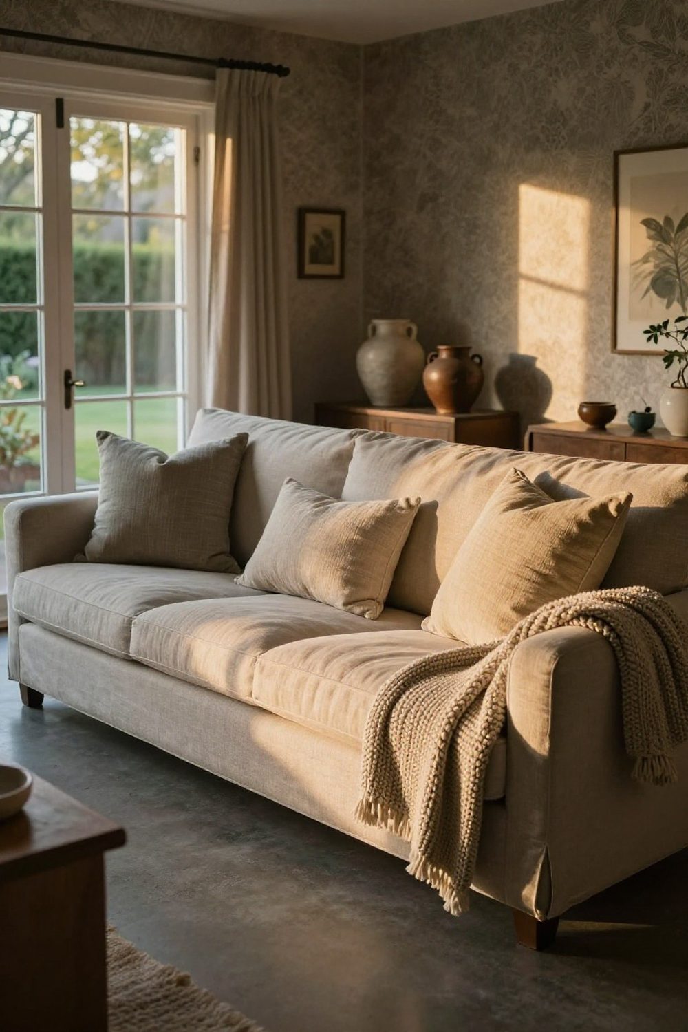 Sofa with new linen pillow covers in coordinating colors and a chunky knit throw