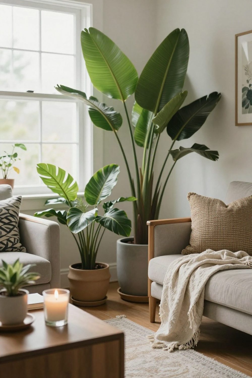 Living room with large green leafy plants in simple pots in a sunny corner