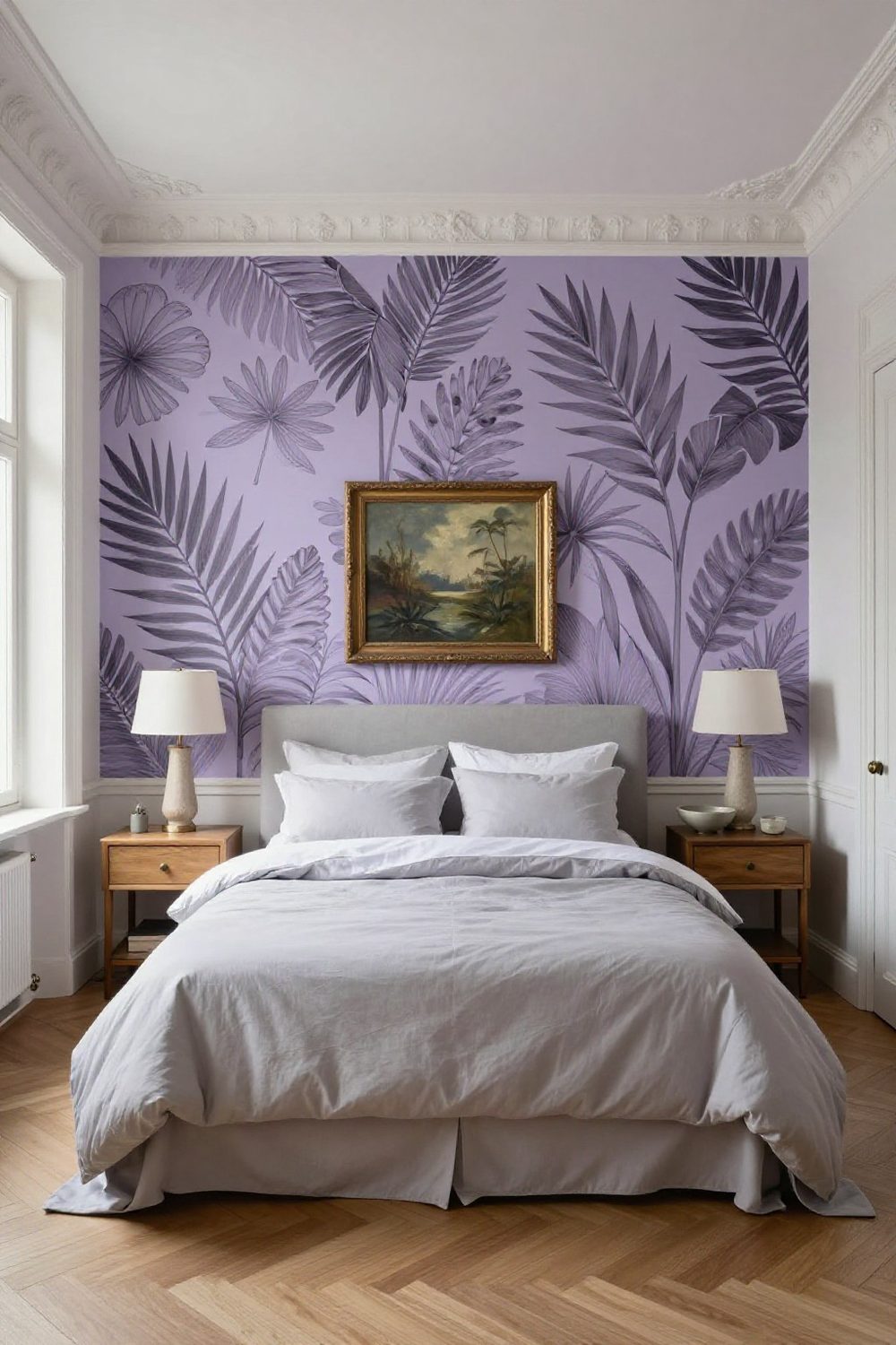 Bedroom with a peel-and-stick patterned wallpaper accent wall behind the bed