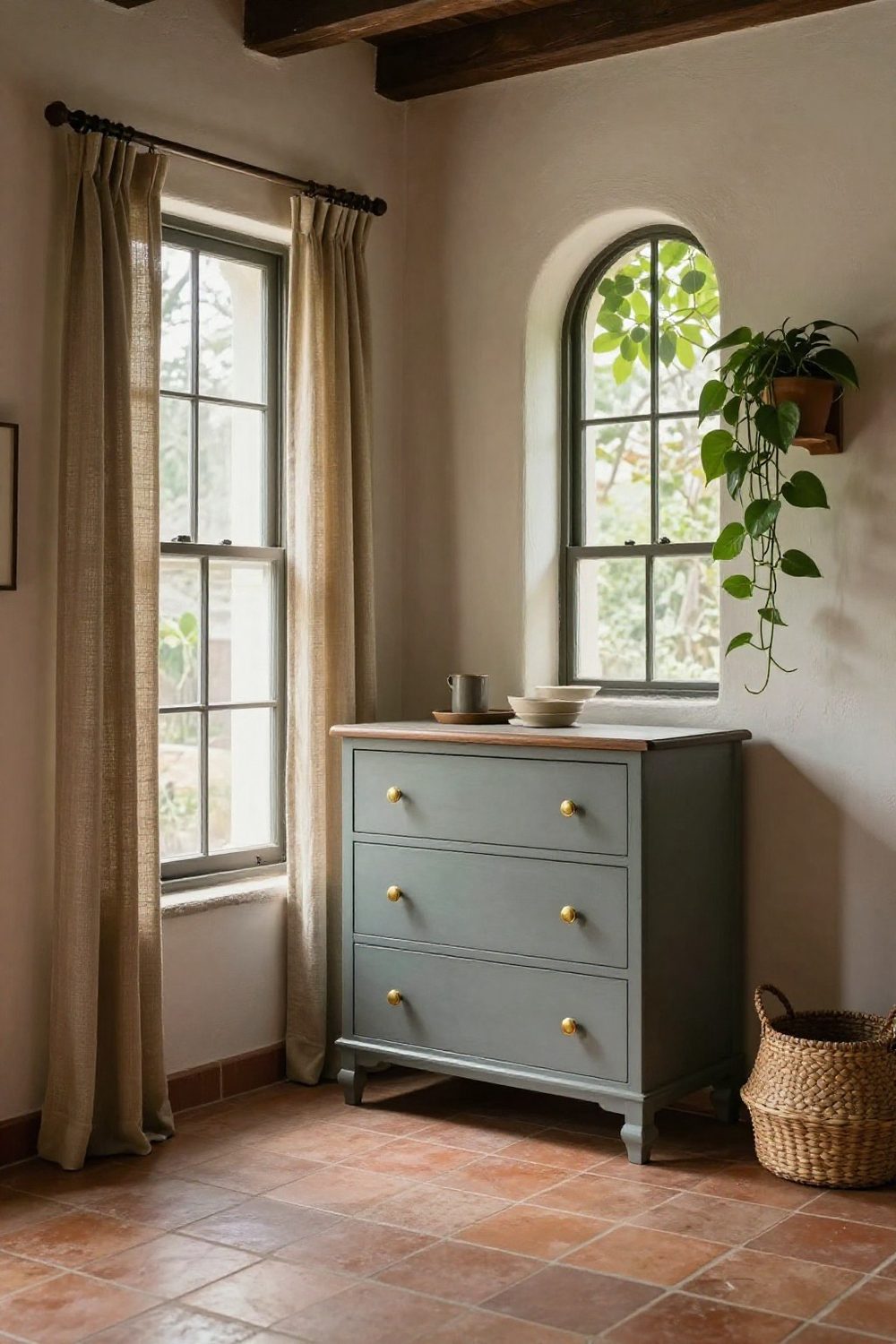 Thrifted wooden dresser painted and fitted with new brass knobs in a bedroom