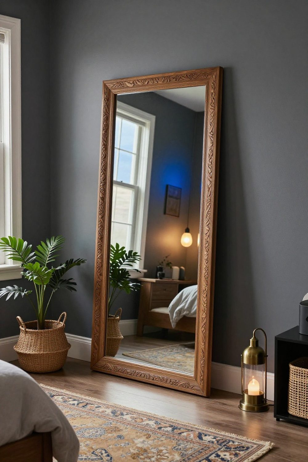 Large leaning floor mirror in a small bedroom reflecting the window light