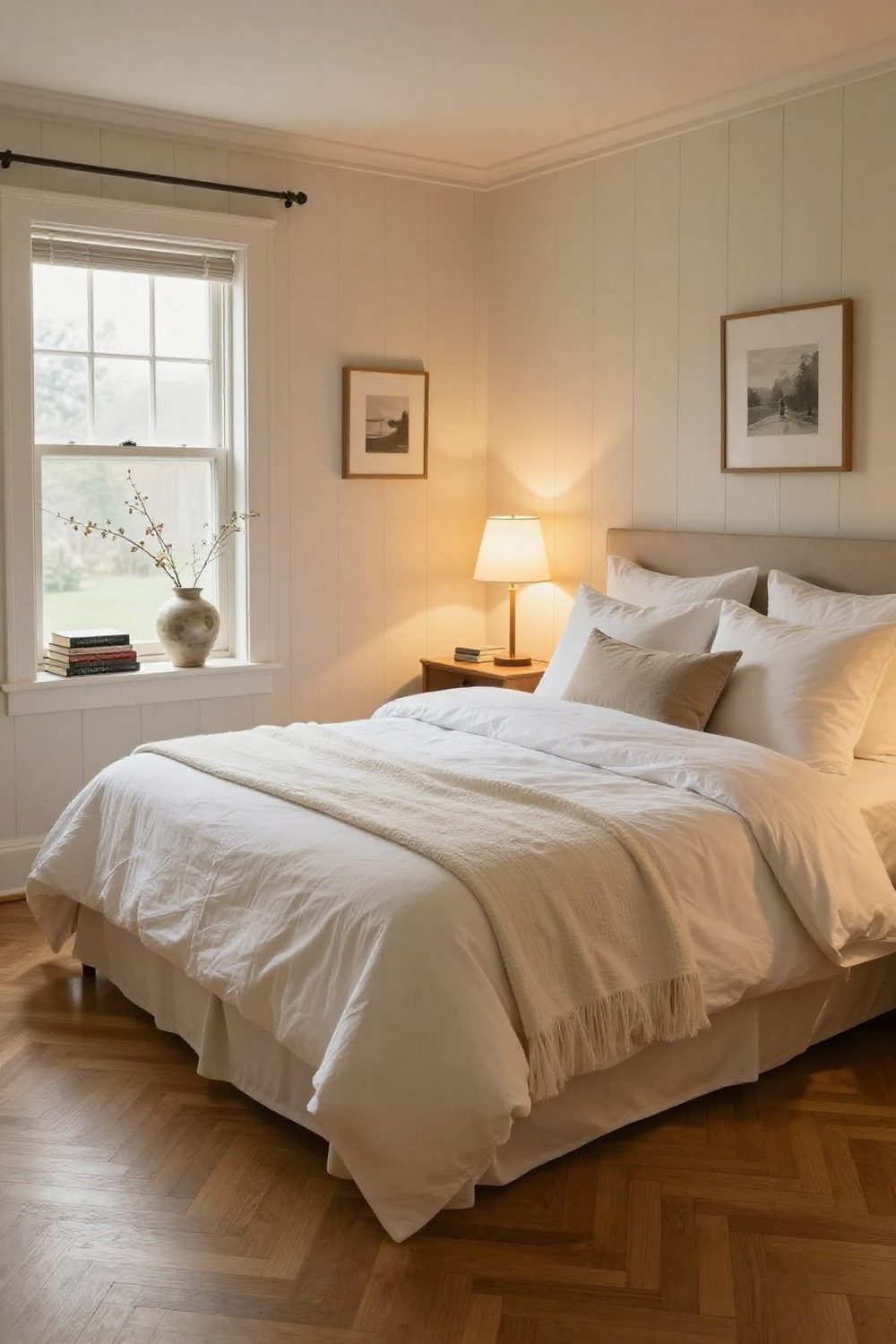 Simple bedroom with crisp white bedding layered with a textured throw and pillows