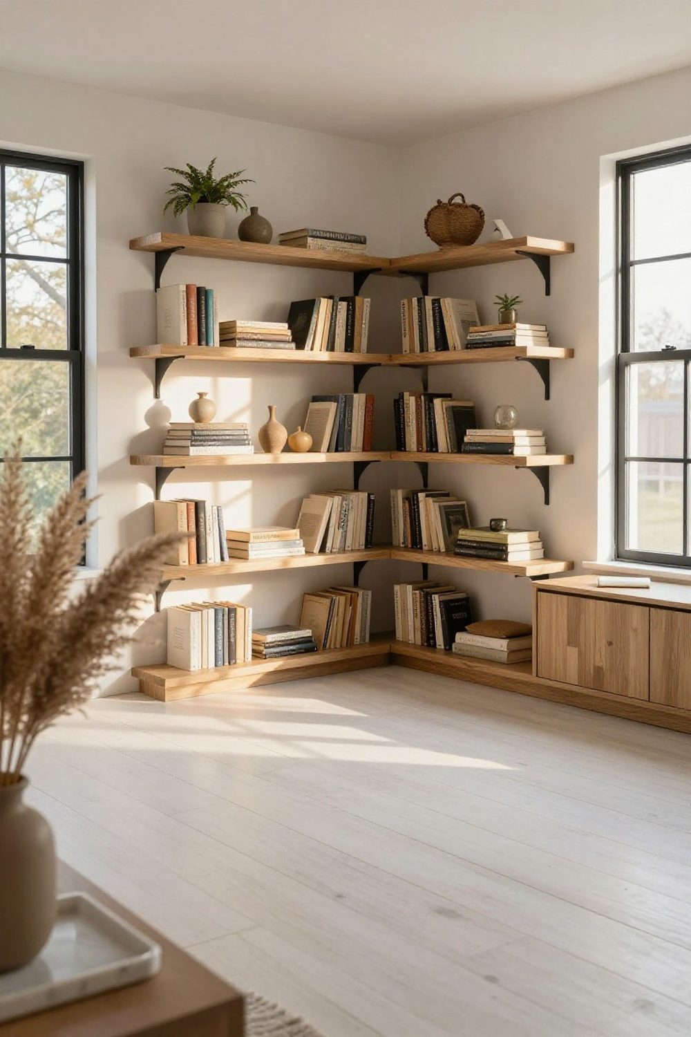 Living room shelves styled with books, a few plants and objects already owned