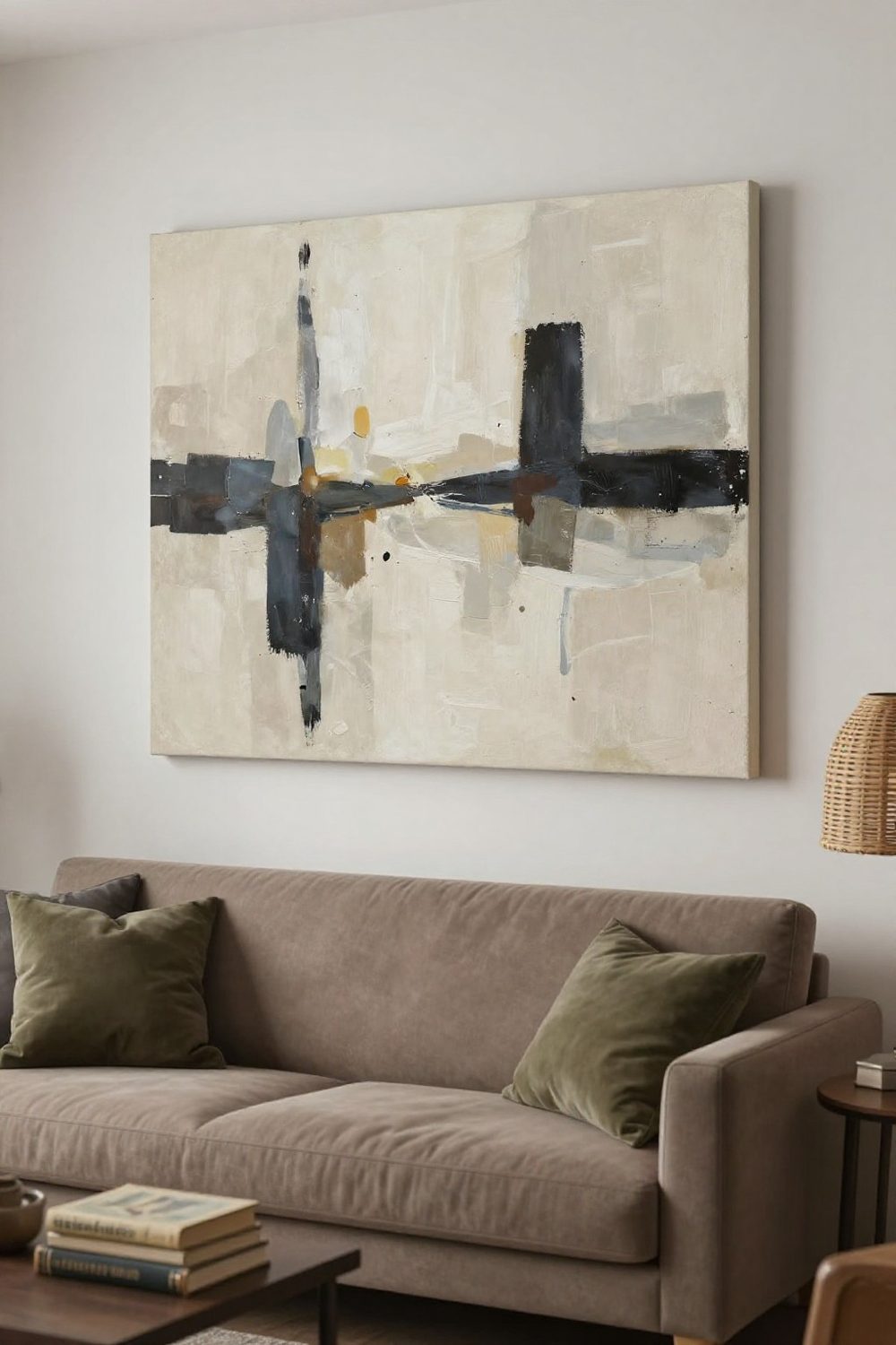 Large DIY abstract canvas painting hanging above a sofa