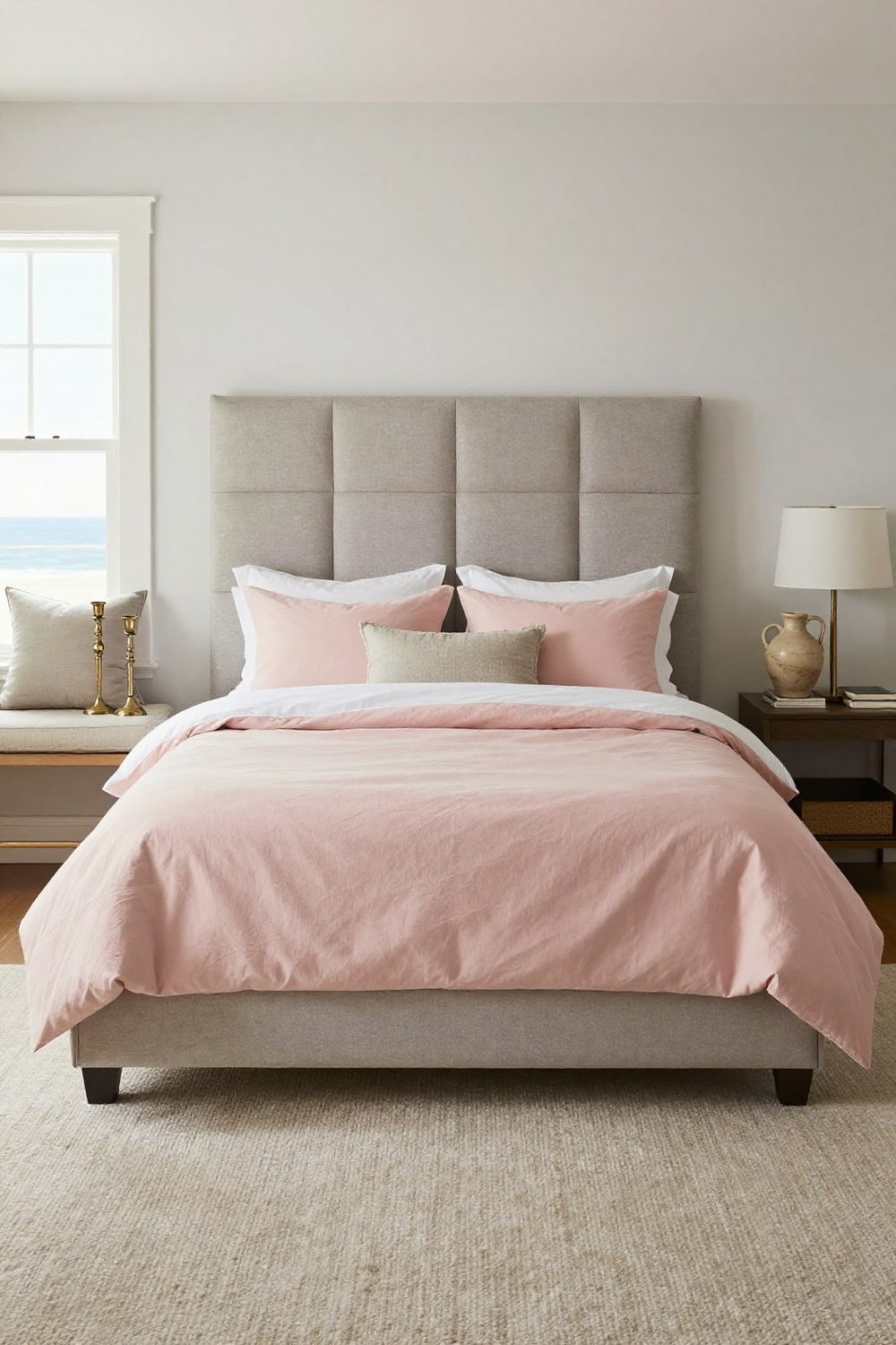 Bedroom with a fabric headboard made of a padded panel mounted on the wall