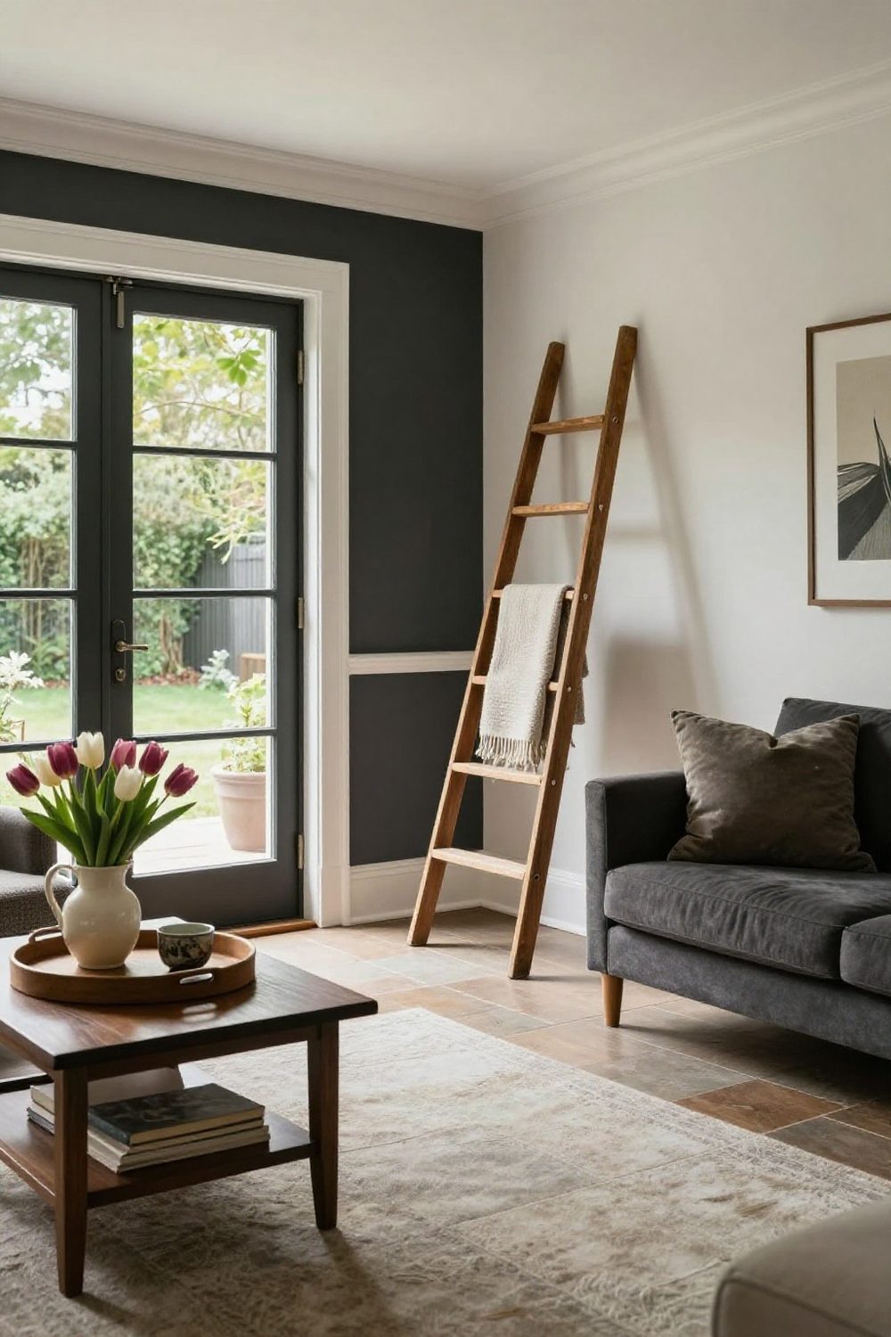 Living room with a vintage wooden ladder leaning against the wall holding throws