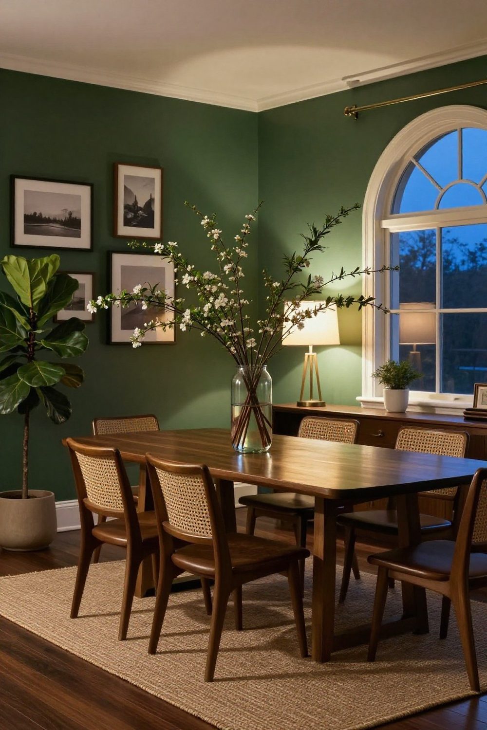 Branches cut from the garden in a large glass vase on a dining table