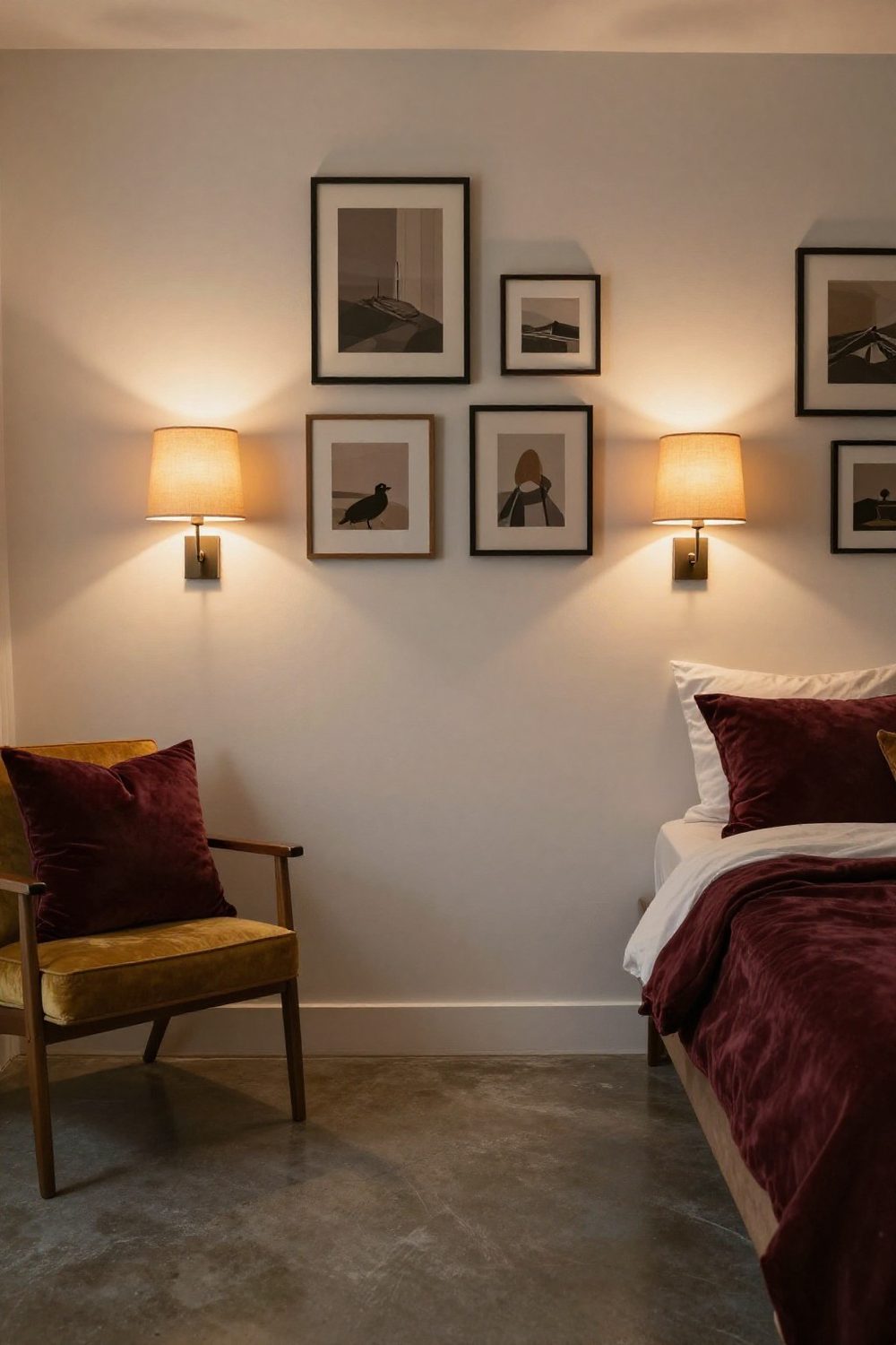 Plug-in wall sconces with fabric shades mounted on either side of a bed