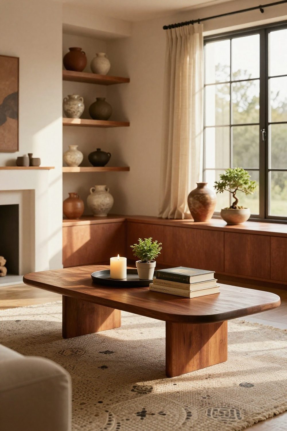 Coffee table with a tray styled with a candle, a small plant and a stack of books