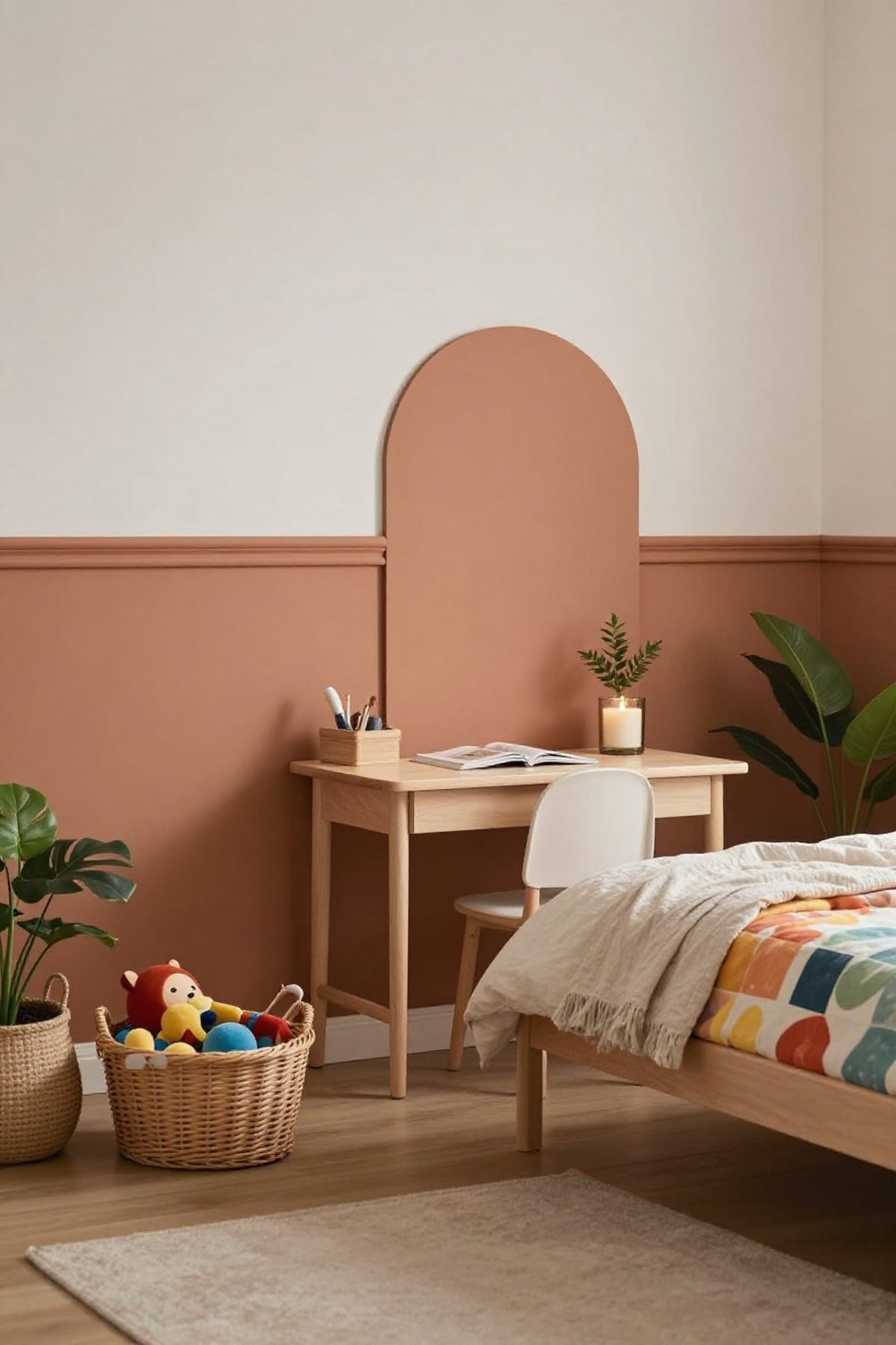 Painted stripe or color block on the lower half of a wall in a kids bedroom
