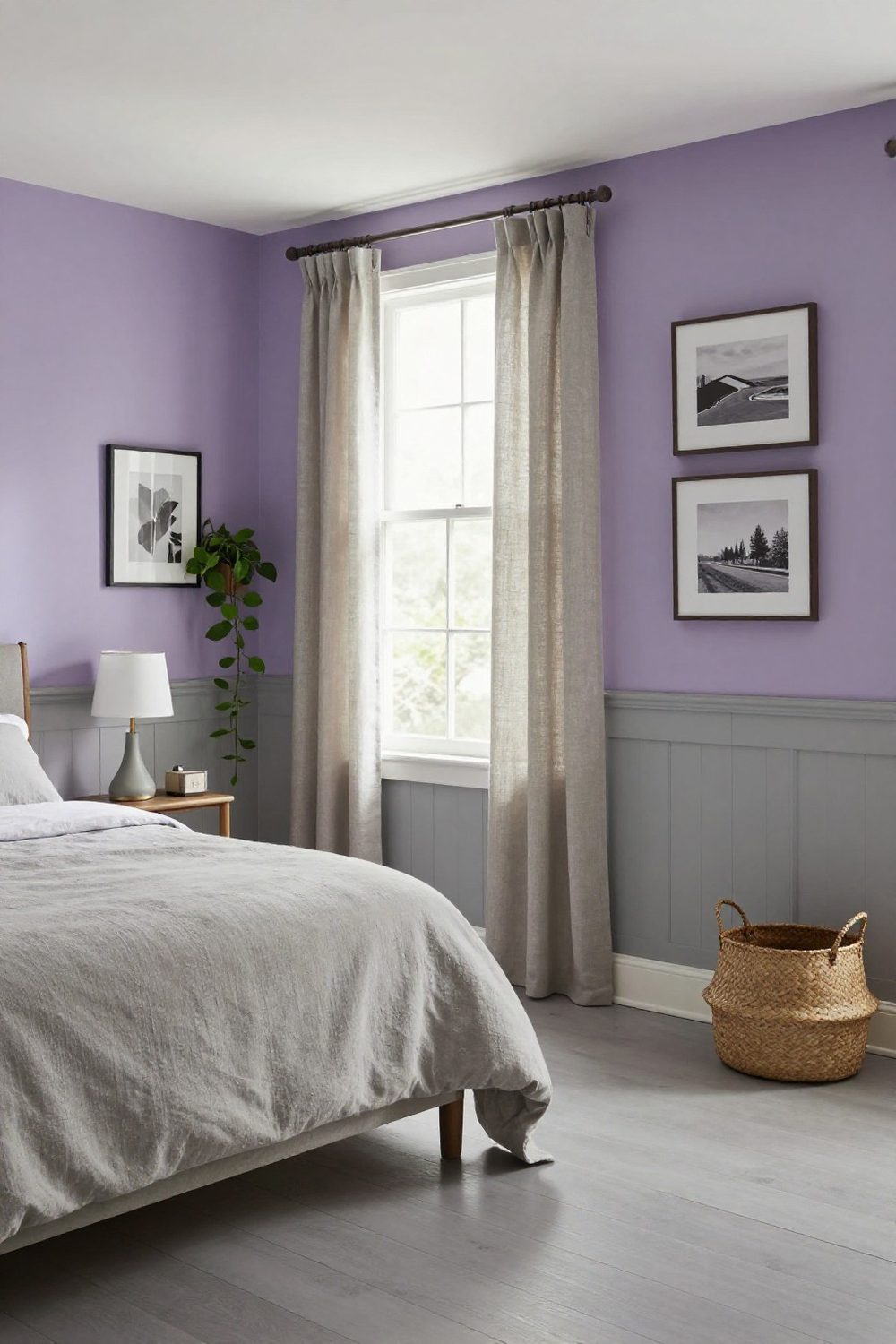 Bedroom window with simple linen cafe curtains on a tension rod