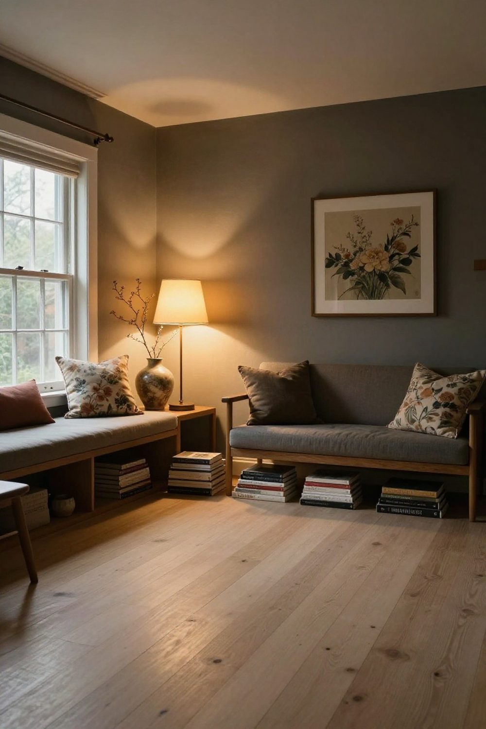 Calm uncluttered room styled with only a few favorite objects and warm light