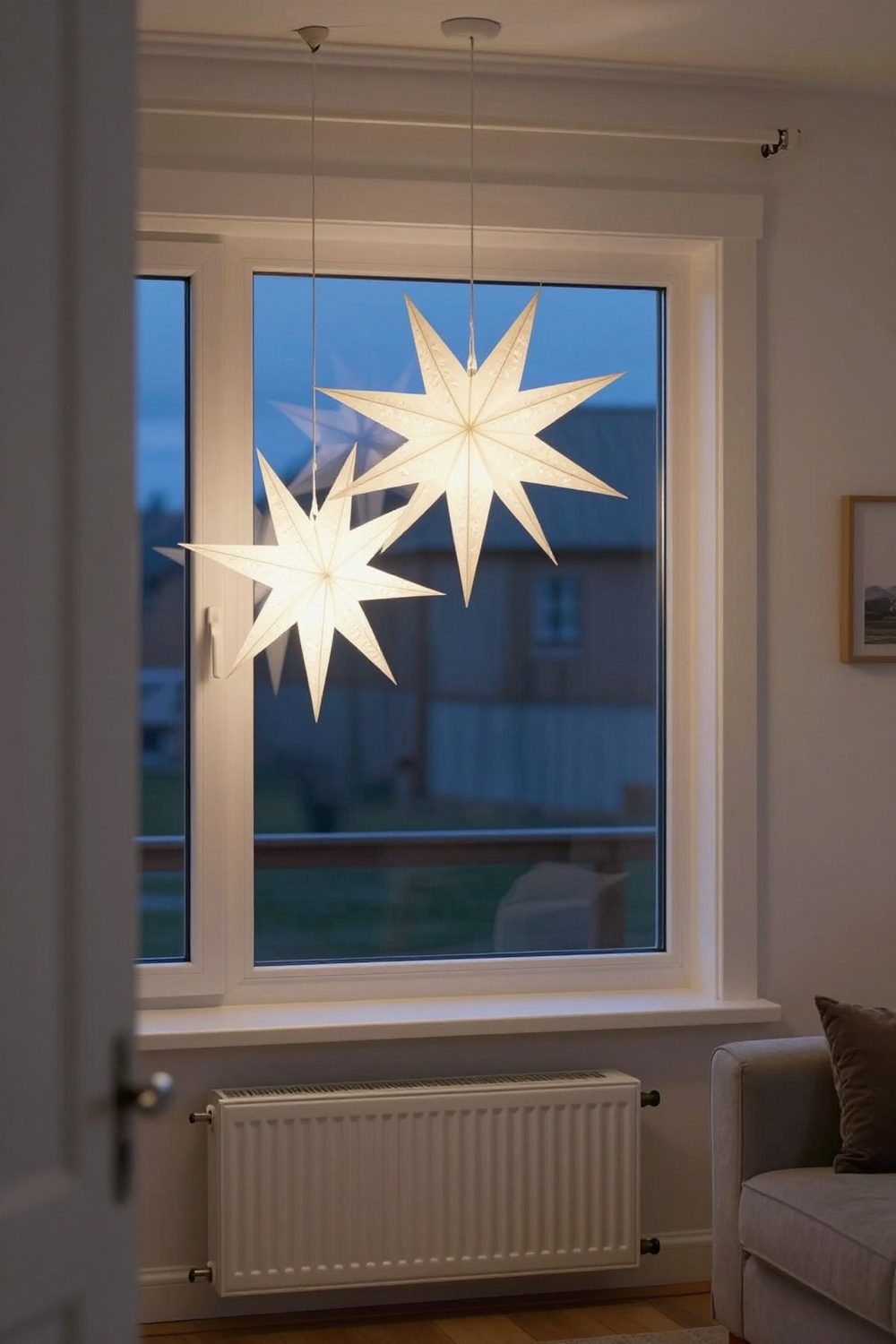 Glowing white paper star lantern hanging in a Scandinavian window at dusk