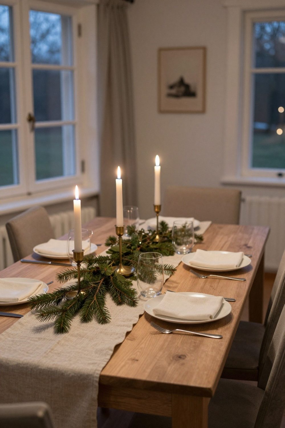 Simple dining table with a linen runner, a sprig of greenery and white candles in brass holders