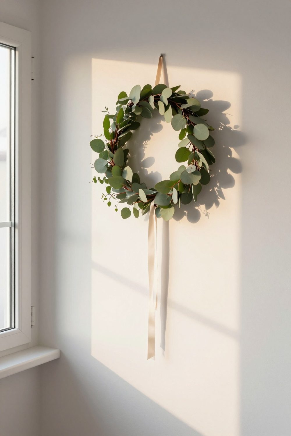 Minimal wreath of eucalyptus on a white wall with a thin ribbon