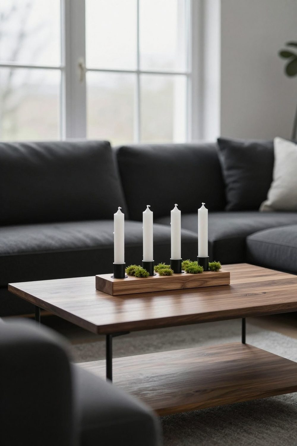 Wooden Advent candle holder with four battery candles and moss on a coffee table