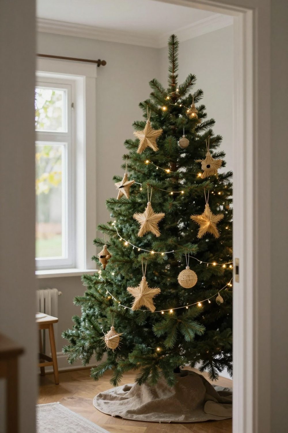 Straw ornaments, a Scandinavian tradition, hanging on a green tree