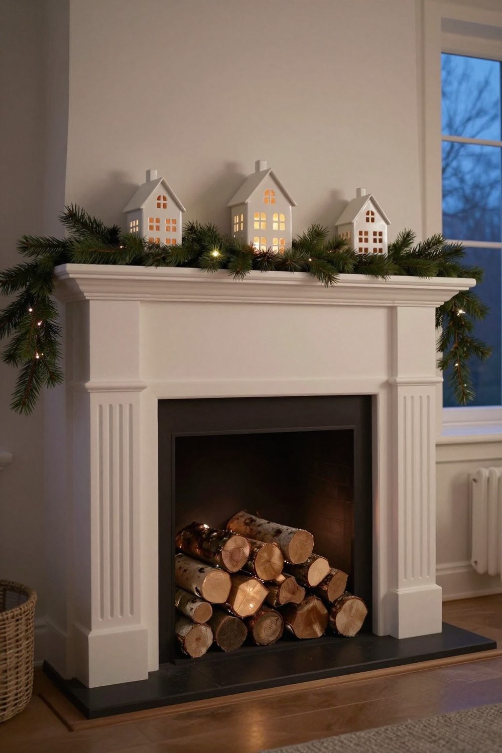 Mantel with a simple garland of greenery and three white ceramic houses