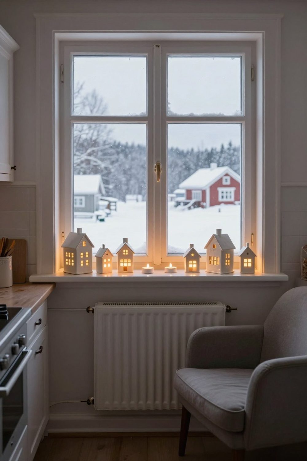 Windowsill with white ceramic houses glowing with battery tea lights