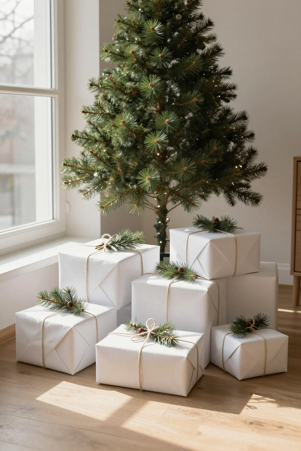 Gifts wrapped in plain white paper with natural twine and a sprig of pine