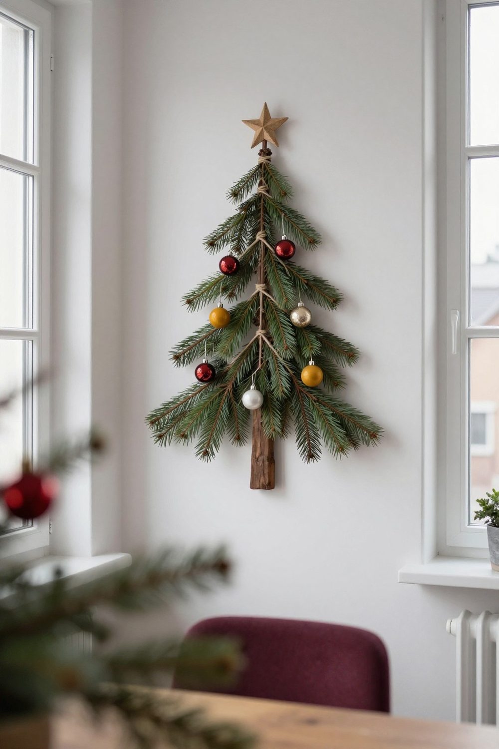 Wooden wall-mounted Christmas tree made of branches and twine with a few ornaments