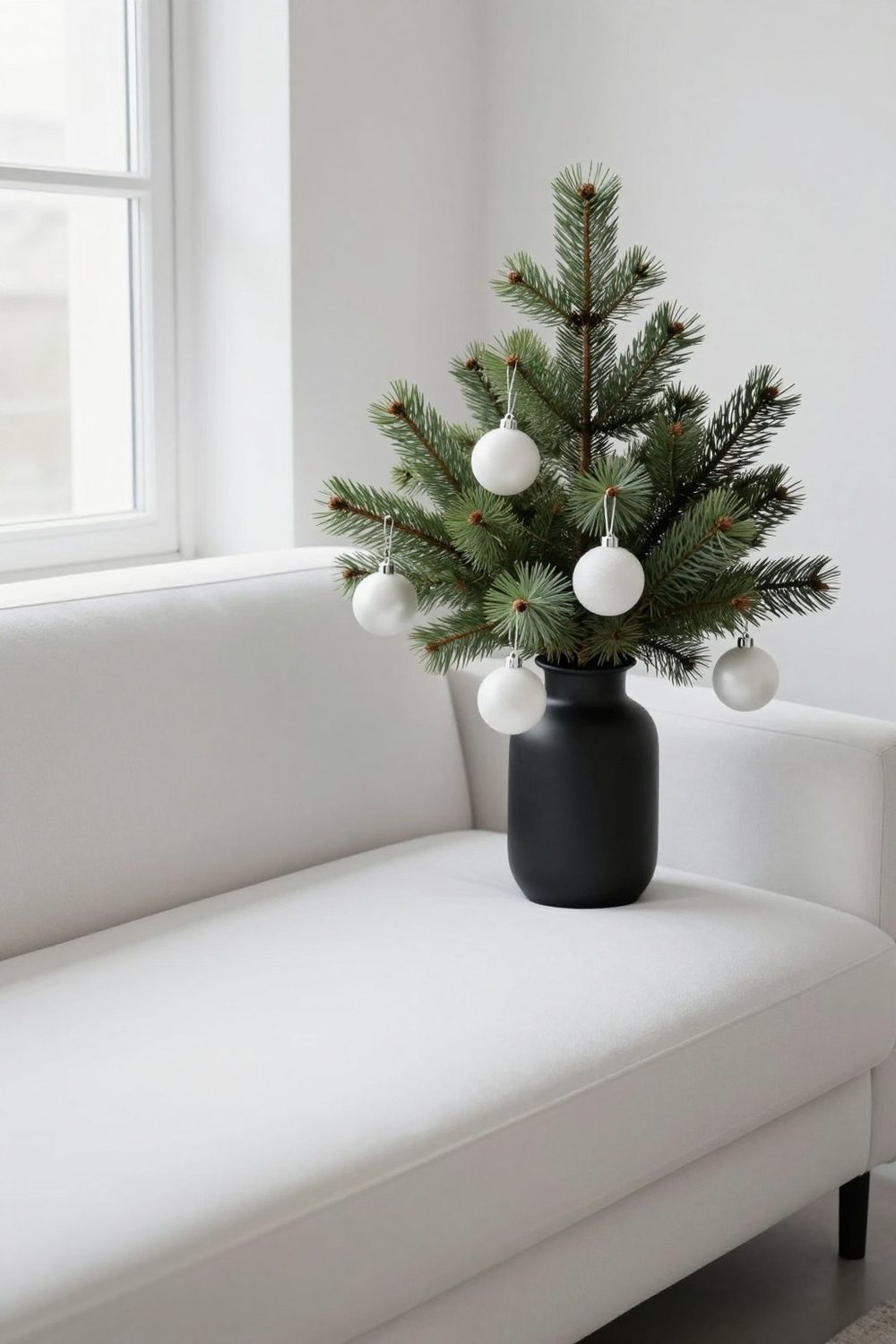 Black and white minimalist Christmas with a black vase of pine branches and white ornaments