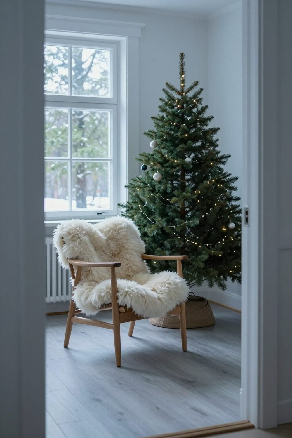 Sheepskin throw on a wooden chair beside a small decorated tree in a Scandinavian room