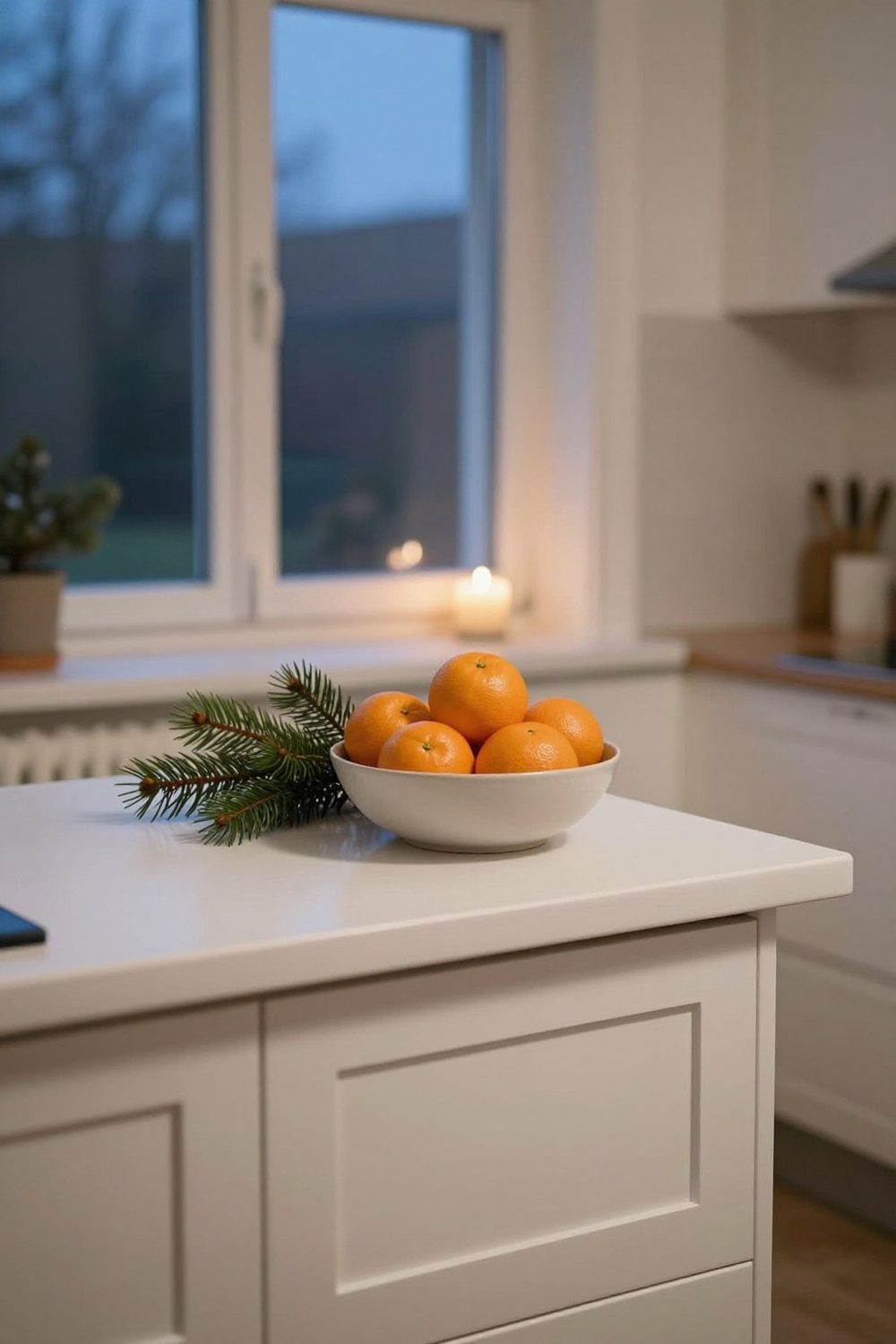 Simple bowl of clementines and a few pine sprigs on a white kitchen counter