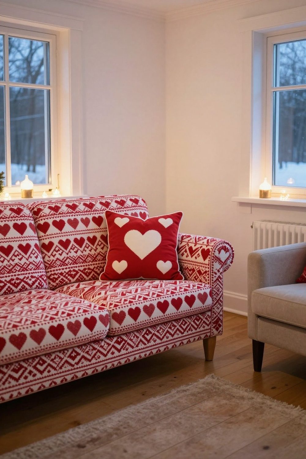 Red and white Scandinavian textiles with a heart pattern on a sofa