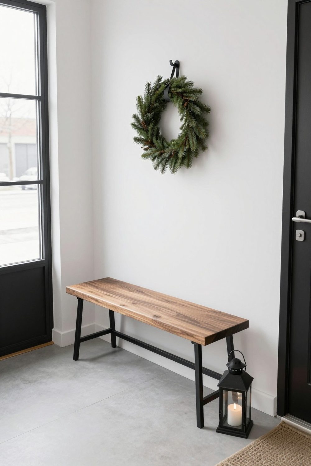 Minimalist entryway with a bench, a small wreath on a hook and a lantern