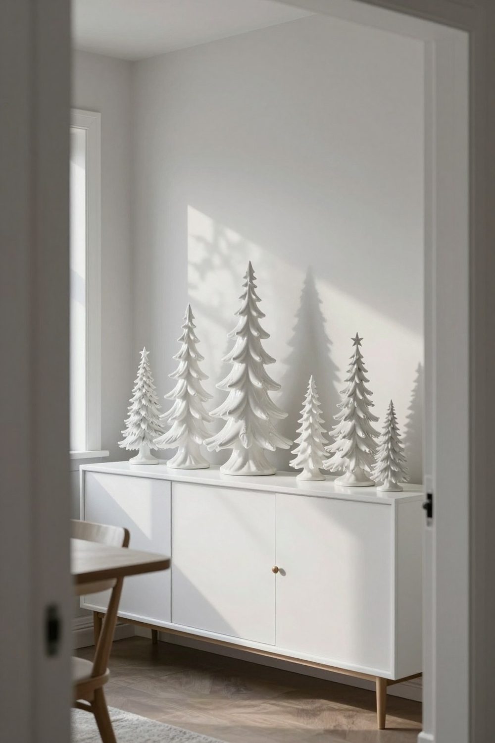 White ceramic Christmas trees of different sizes on a sideboard
