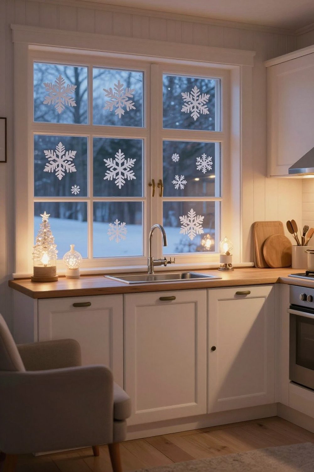 Paper snowflakes in a few windows of a white Scandinavian kitchen