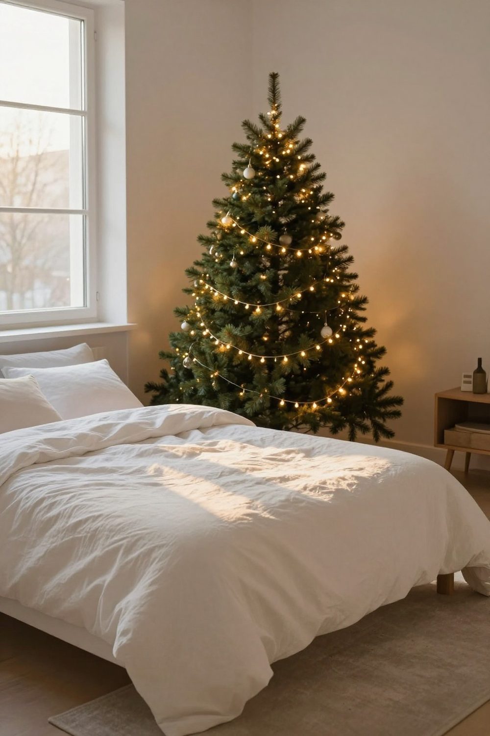 Bedroom with white linen bedding, a small tree and a string of warm lights