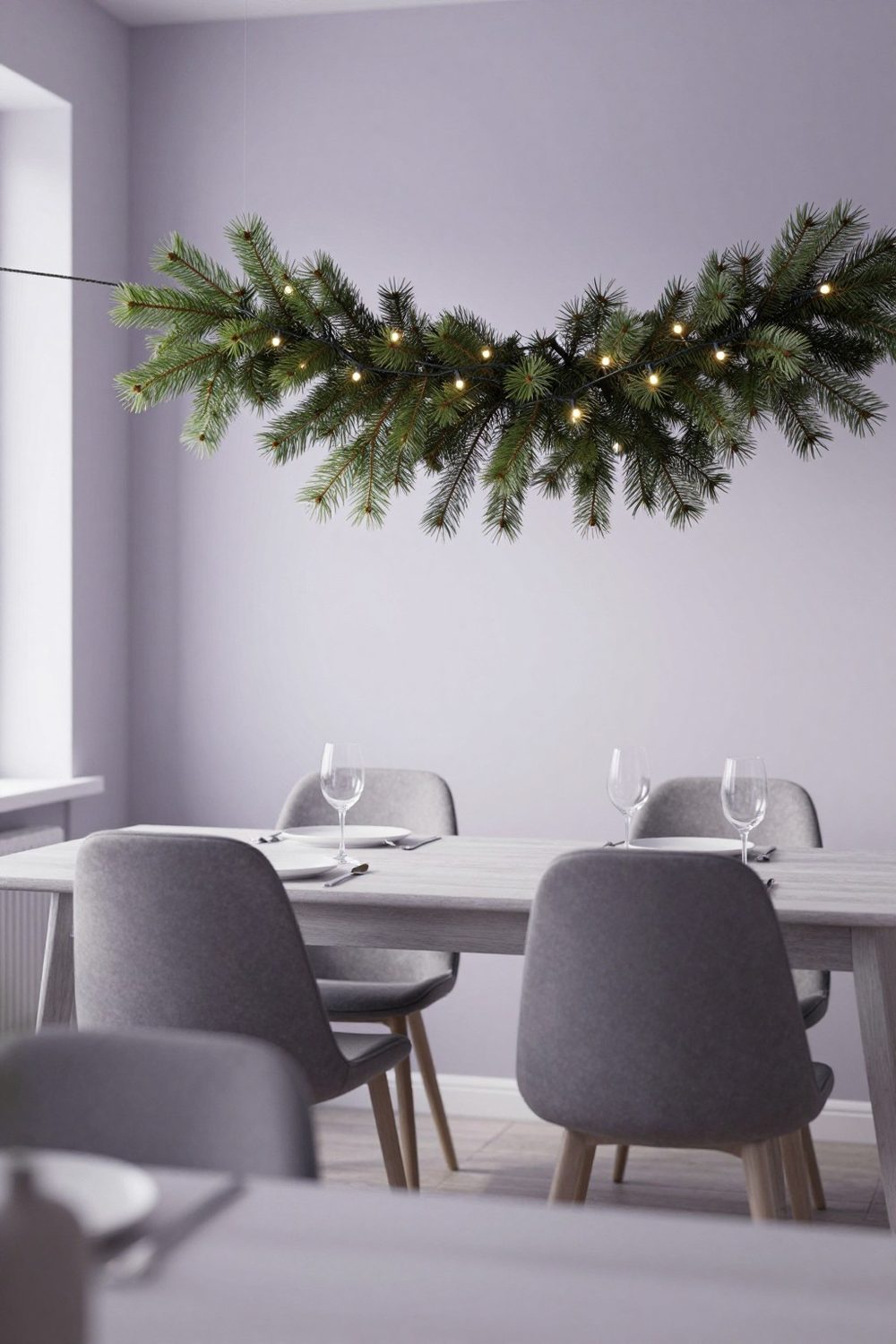 Single large pine branch hung horizontally above a dining table with small lights